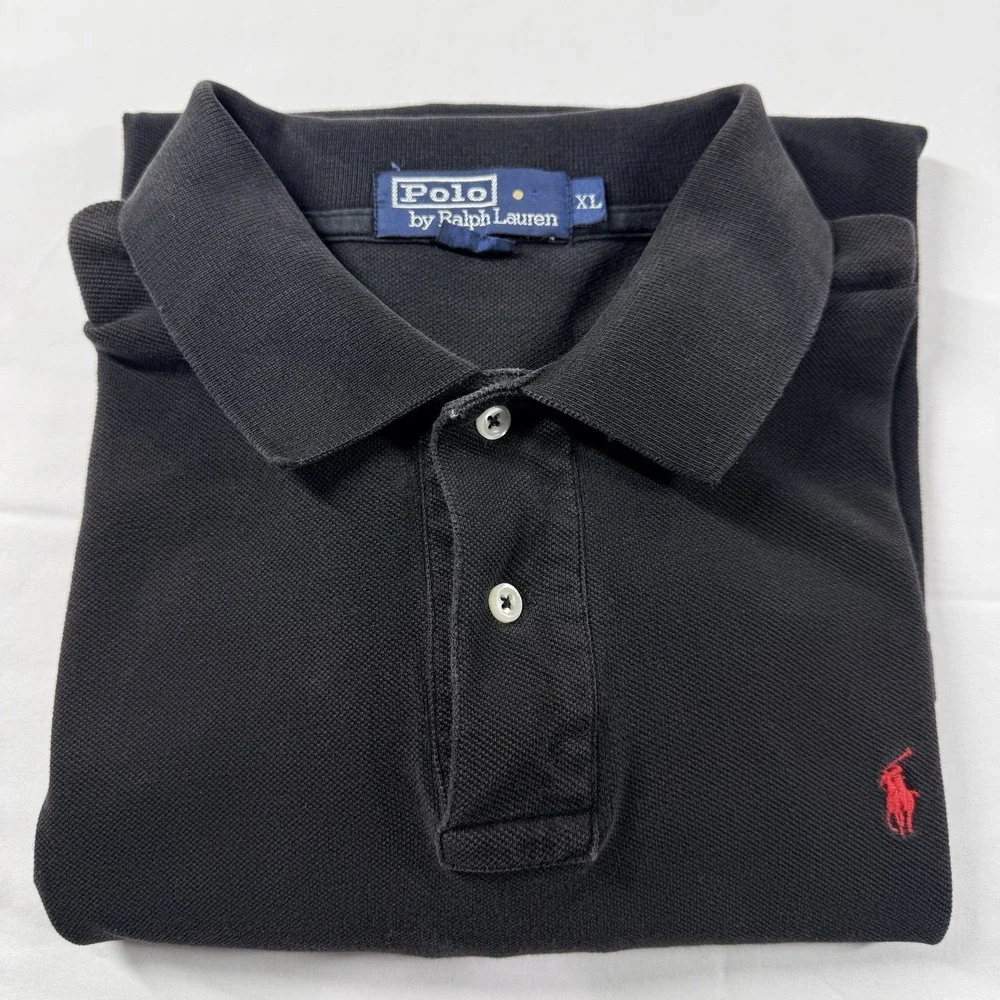 Vintage Polo Ralph Lauren Polo Shirt Mens XL Black Pique Cotton Red Pony 90s